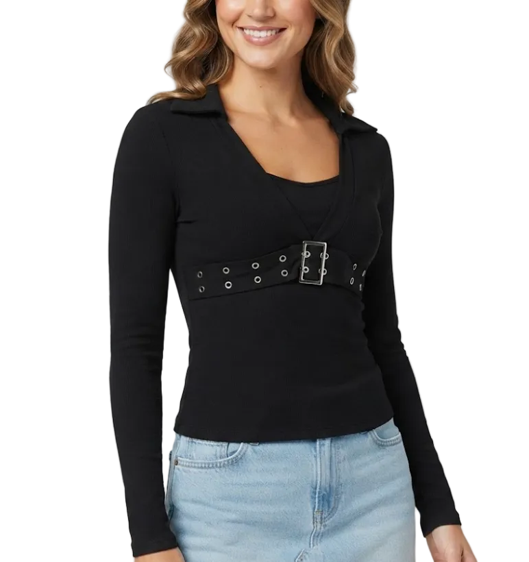 Elegant Long Sleeve V-neck Chest Belt DesignTops for Women - BP-B20 -TOP-93