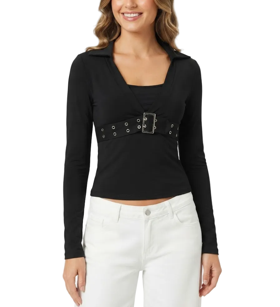 Elegant Long Sleeve V-neck Chest Belt DesignTops for Women - BP-B20 -TOP-93