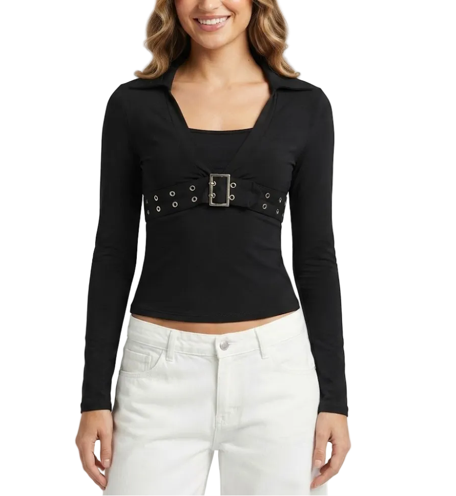 Elegant Long Sleeve V-neck Chest Belt DesignTops for Women - BP-B20 -TOP-93