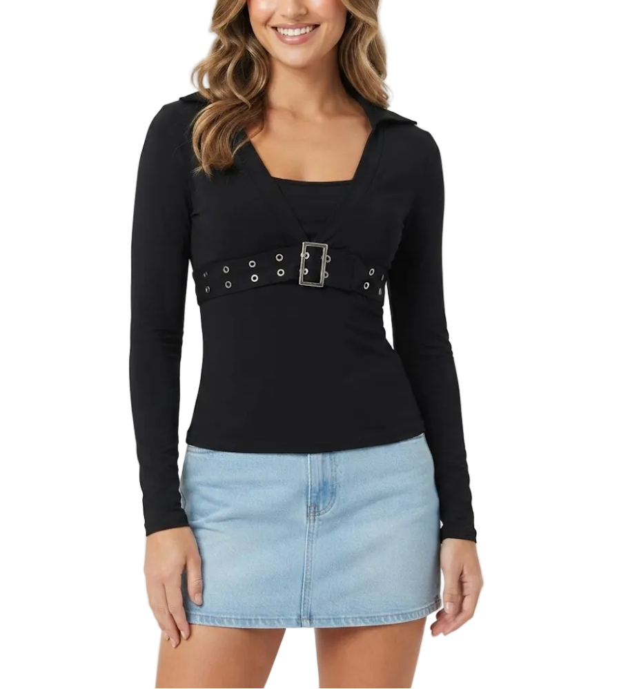 Elegant Long Sleeve V-neck Chest Belt DesignTops for Women - BP-B20 -TOP-93
