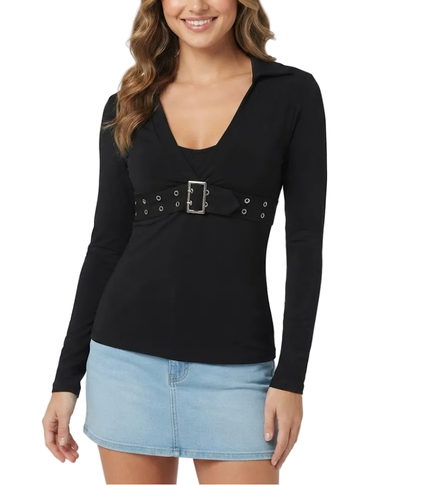 Elegant Long Sleeve V-neck Chest Belt DesignTops for Women - BP-B20 -TOP-93