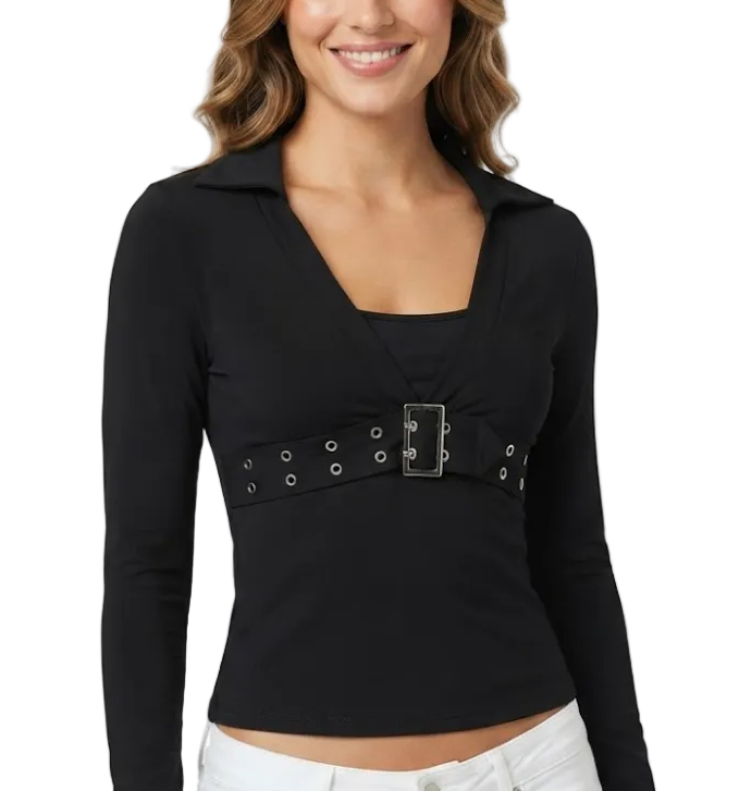 Elegant Long Sleeve V-neck Chest Belt DesignTops for Women - BP-B20 -TOP-93