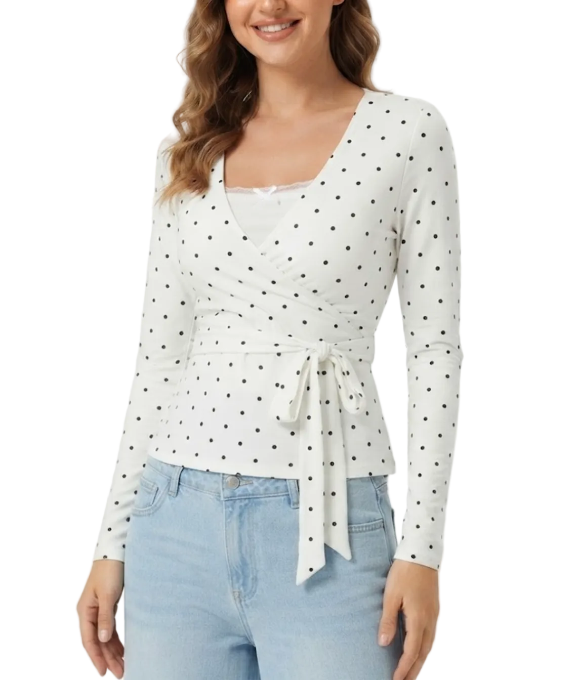 Timeless & Elegant Long Sleeve V-neck Polka Dot Tops for Women - BP-B20 -TOP-98