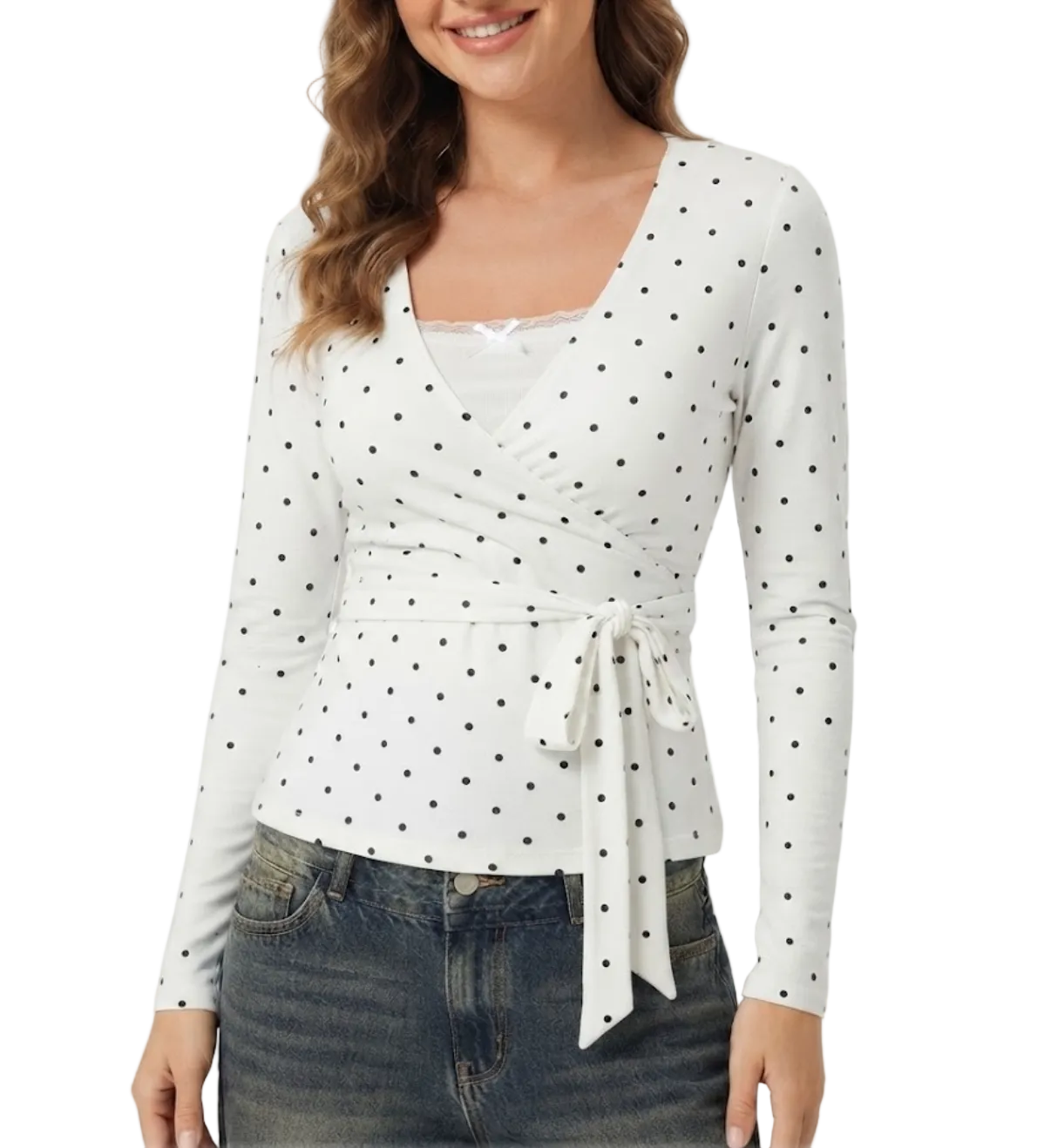 Timeless & Elegant Long Sleeve V-neck Polka Dot Tops for Women - BP-B20 -TOP-98