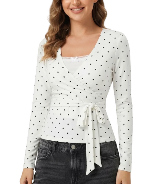 Timeless & Elegant Long Sleeve V-neck Polka Dot Tops for Women - BP-B20 -TOP-98