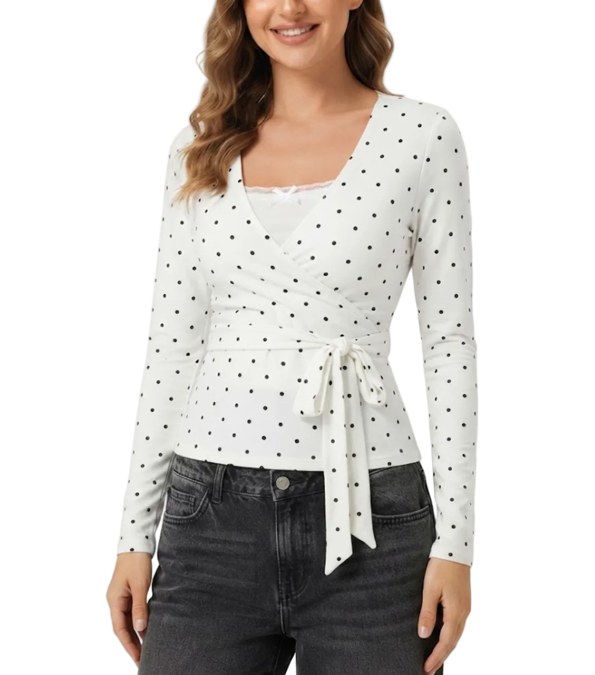 Timeless & Elegant Long Sleeve V-neck Polka Dot Tops for Women - BP-B20 -TOP-98