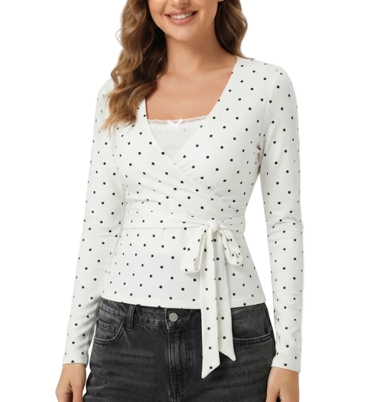 Timeless & Elegant Long Sleeve V-neck Polka Dot Tops for Women - BP-B20 -TOP-98