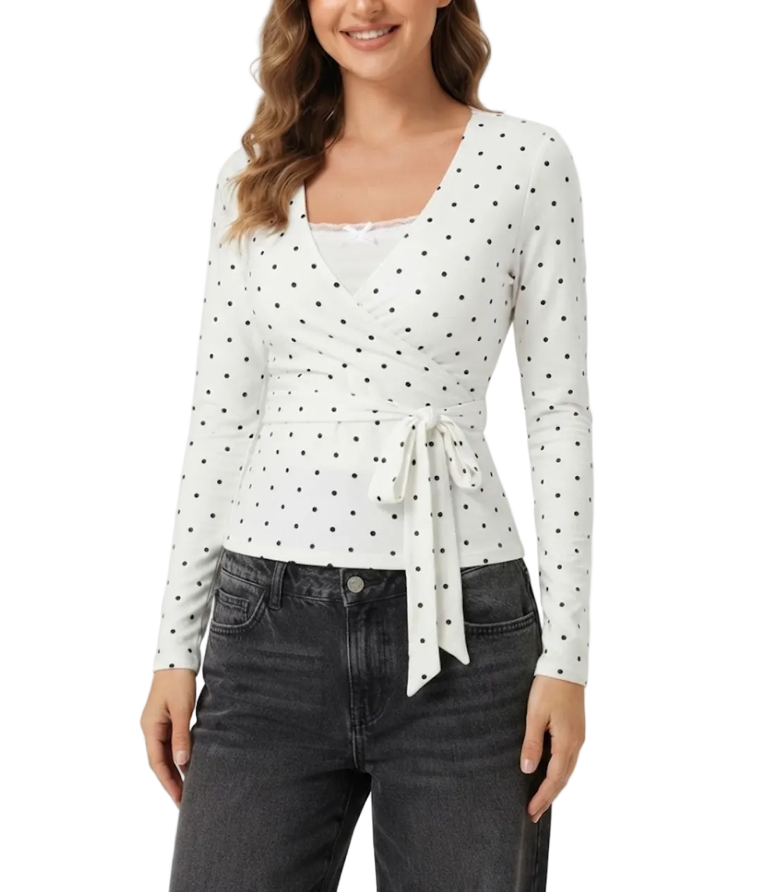 Timeless & Elegant Long Sleeve V-neck Polka Dot Tops for Women - BP-B20 -TOP-98