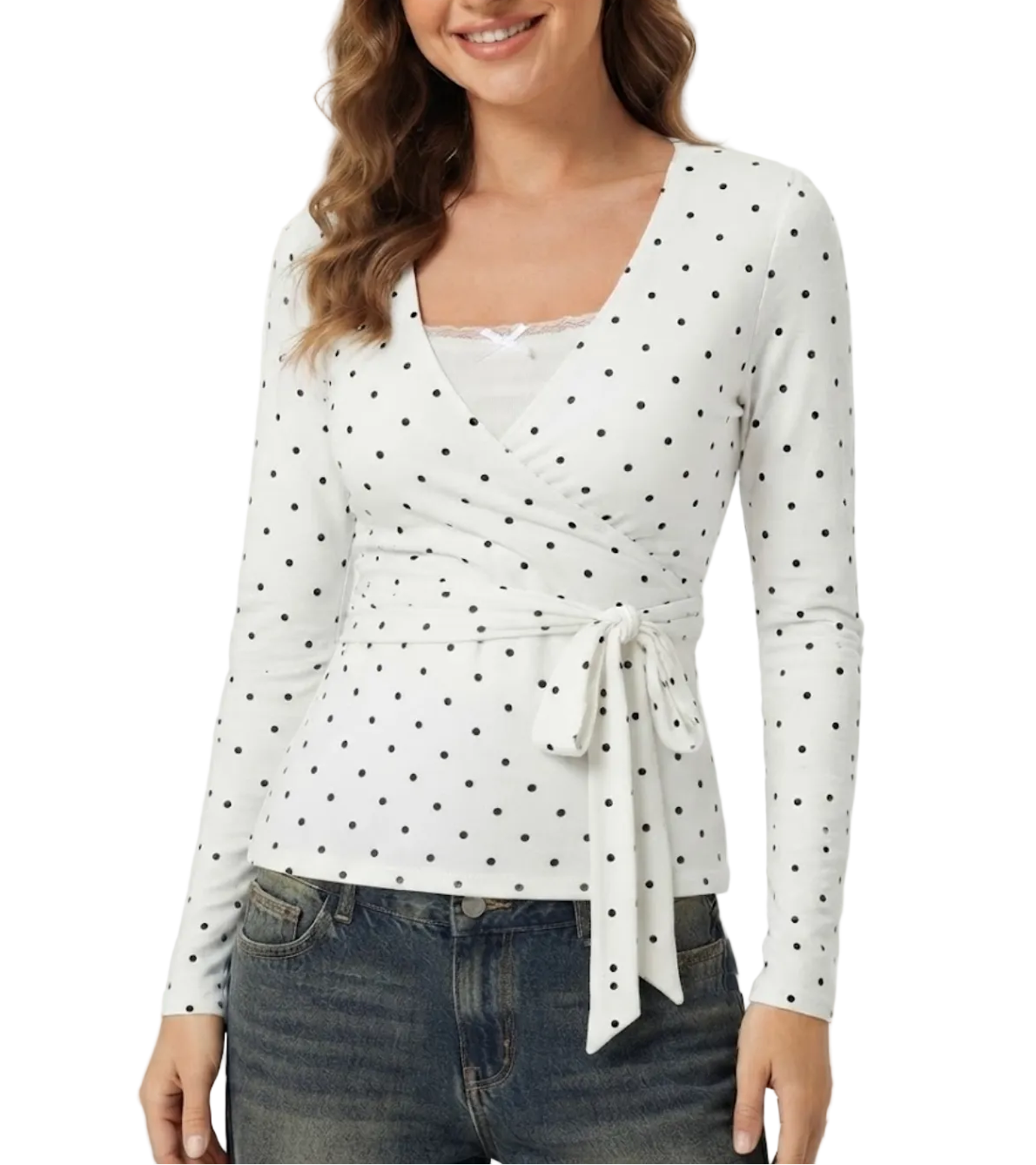 Timeless & Elegant Long Sleeve V-neck Polka Dot Tops for Women - BP-B20 -TOP-98