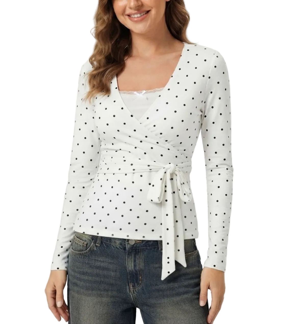 Timeless & Elegant Long Sleeve V-neck Polka Dot Tops for Women - BP-B20 -TOP-98