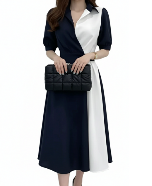 Elegant Two-Tone Collar V-neck Slim-Waist Dress for Women – DRESS-58