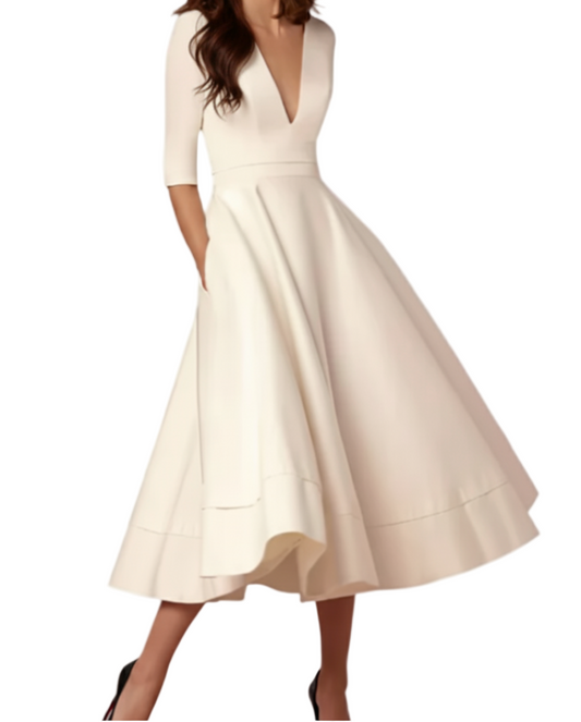 Elegant and Luxurious V-neck pocket A-line Dress for Women – DRESS-B67