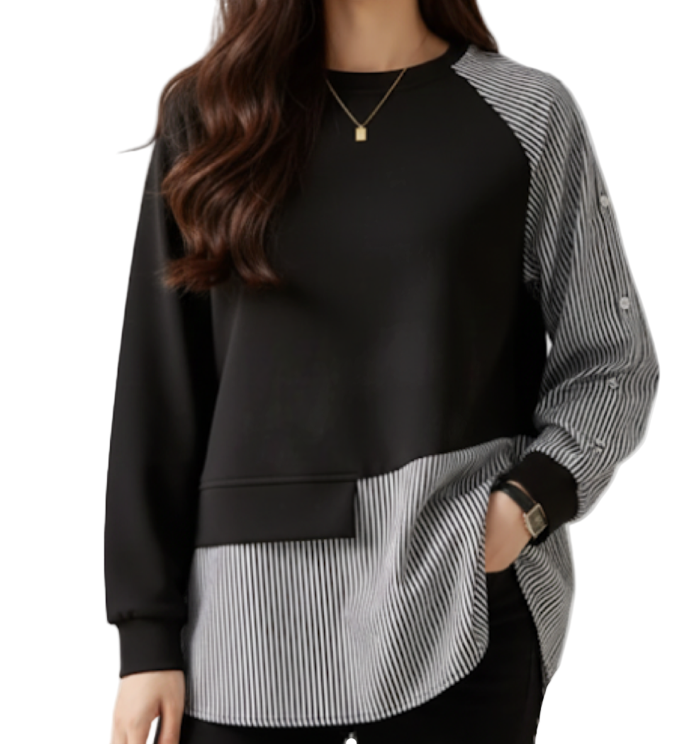 Round Neck Irregular Striped Patchwork Two-tone Cotton Shirt Hoodies - B6-TOP-B672