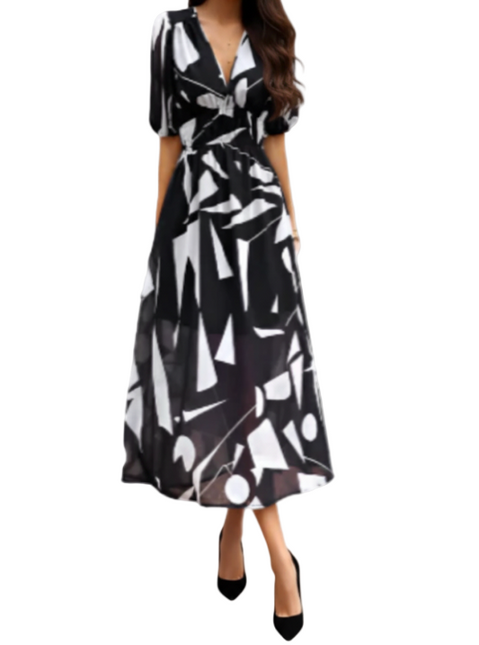 Short Sleeve V-neck Chiffon Floral Printed Slim Waist Dress for Women - Dress-B60