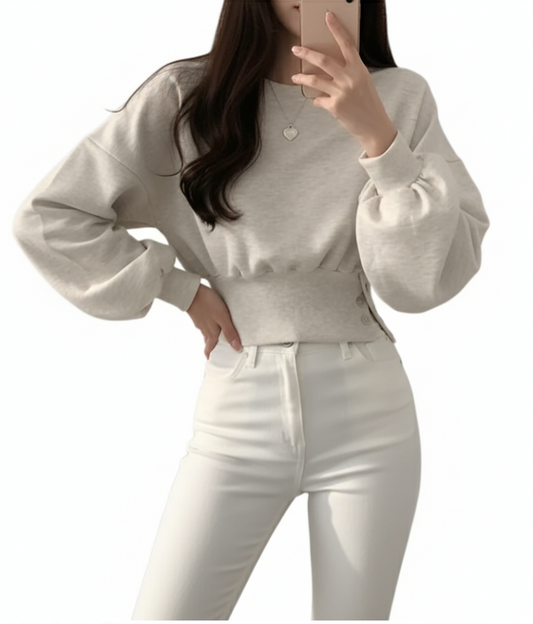 Trendy Round Neck Slim Waist Long Sleeve Pullover Women's Top -B6-TOP-B684