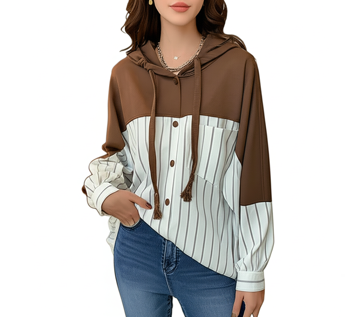 Trendy Striped Hooded Sweater Loose Fit  Two-Tone Women's Shirts - B6-TOP-B696