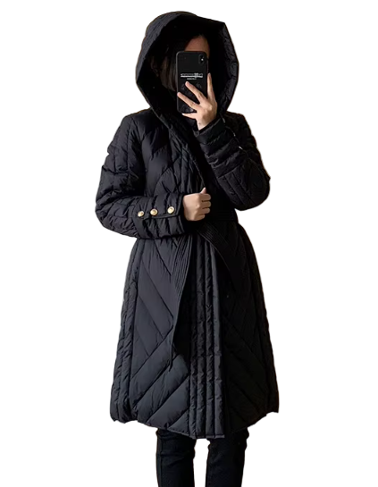 Timeless Belted Slim Waist Hooded Double Collar Lightweight 90% White Duck Down Parka Jacket for Women - B12-JKT-53