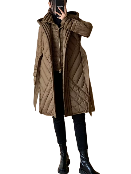 Timeless Belted Slim Waist Hooded Double Collar Lightweight 90% White Duck Down Parka Jacket for Women - B12-JKT-53