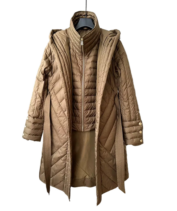 Timeless Belted Slim Waist Hooded Double Collar Lightweight 90% White Duck Down Parka Jacket for Women - B12-JKT-53