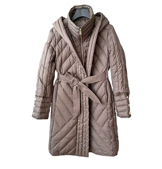 Timeless Belted Slim Waist Hooded Double Collar Lightweight 90% White Duck Down Parka Jacket for Women - B12-JKT-53