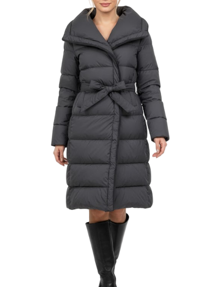 Timeless Big Lapel Collar Warm Slim Sashes Goose Down Over Knee Length Lightweight Soft Bread Parka Jacket for Women - B12-JKT-35