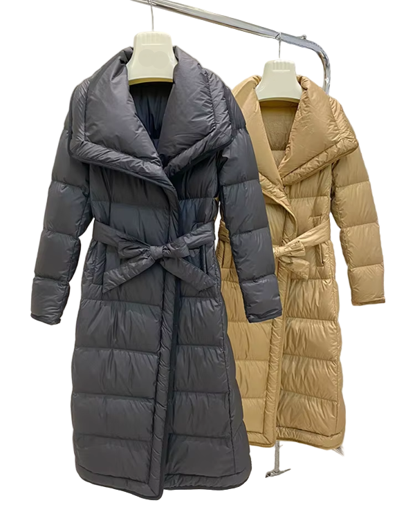 Timeless Big Lapel Collar Warm Slim Sashes Goose Down Over Knee Length Lightweight Soft Bread Parka Jacket for Women - B12-JKT-35
