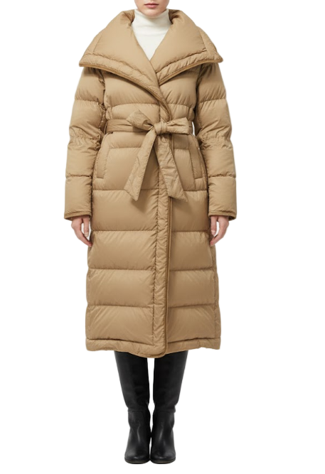 Timeless Big Lapel Collar Warm Slim Sashes Goose Down Over Knee Length Lightweight Soft Bread Parka Jacket for Women - B12-JKT-35