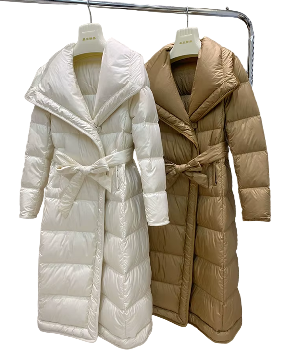 Timeless Big Lapel Collar Warm Slim Sashes Goose Down Over Knee Length Lightweight Soft Bread Parka Jacket for Women - B12-JKT-35