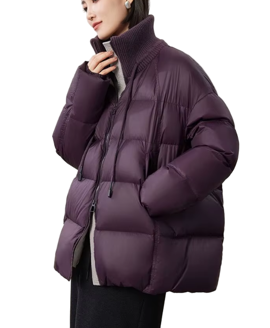 Timeless Design Drawstring Knitted Rib Stand Collar 90% White Duck Down Quilted Warm Parka Puffer Jacket for Women  - B12-JKT-23