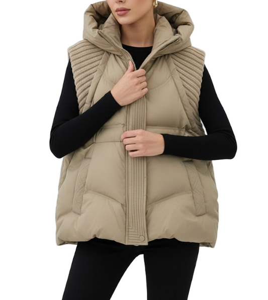 Timeless Design Hooded Knitted Sleeveless Spliced Warm White Duck Down Vest for Women - B12-JKT-14