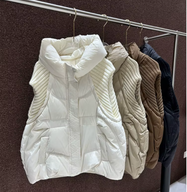 Timeless Design Hooded Knitted Sleeveless Spliced Warm White Duck Down Vest for Women - B12-JKT-14