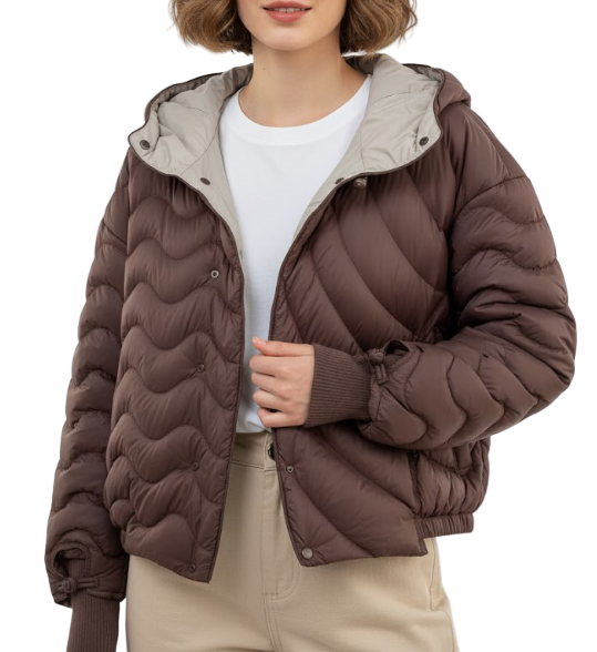 Timeless Hooded Lightweight Loose fit Wave Patterned Casual 90% White Duck Down Jacket for Women - B12-JKT-33
