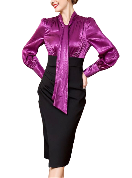 Timeless Trendy & Elegant Long Sleeve Bow Tie Collar Pencil Contrasting Colors Slim Waist Professional & Versatile Dresses  - B4-DRESS-B362