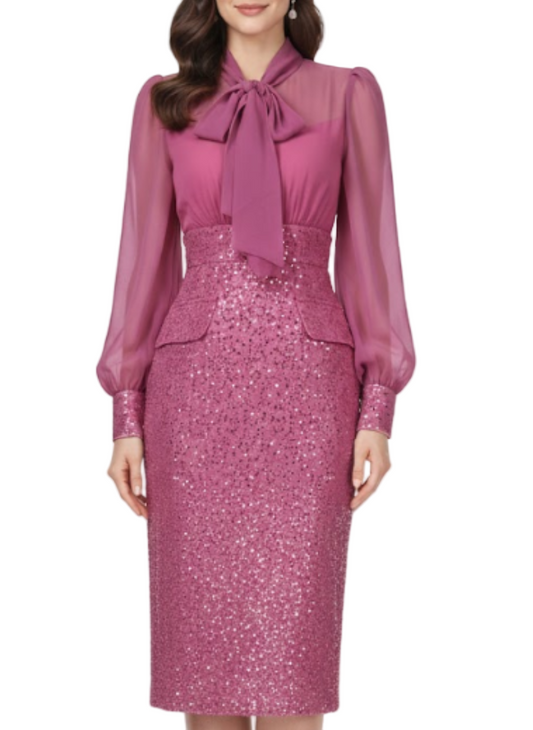 Timeless Trendy & Elegant Long Sleeve Bow Tie Collar Pencil  Slim Waist Professional & Versatile Dresses  - B4-DRESS-B361