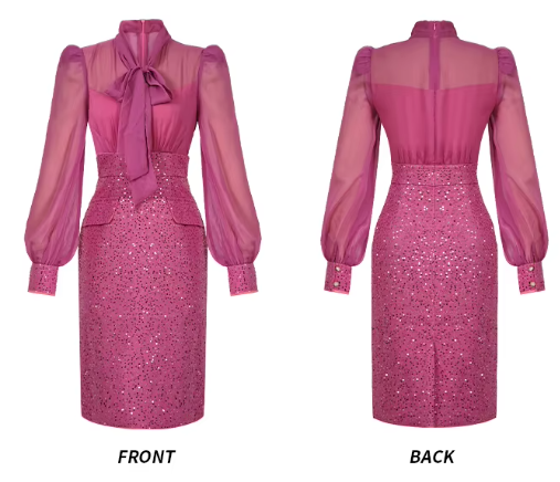 Timeless Trendy & Elegant Long Sleeve Bow Tie Collar Pencil  Slim Waist Professional & Versatile Dresses  - B4-DRESS-B361