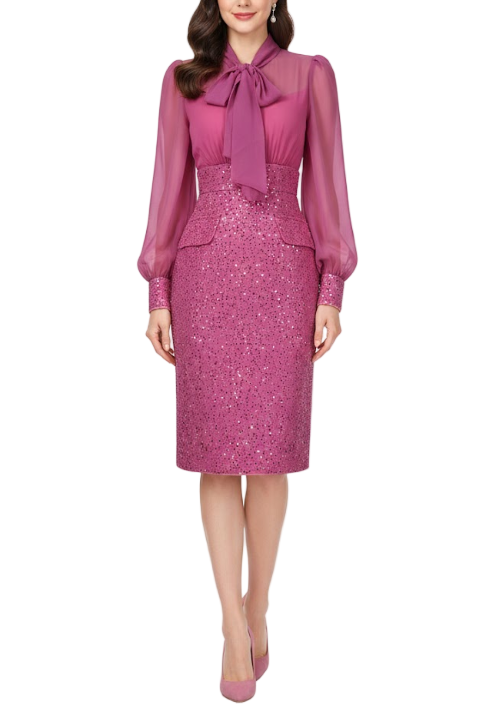 Timeless Trendy & Elegant Long Sleeve Bow Tie Collar Pencil  Slim Waist Professional & Versatile Dresses  - B4-DRESS-B361