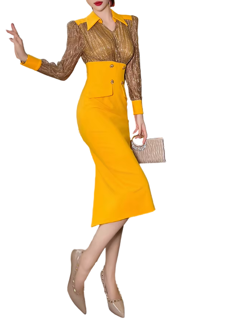 Timeless Trendy & Elegant Long Sleeve Collar V- Neck Dresses  - B4-DRESS-B355