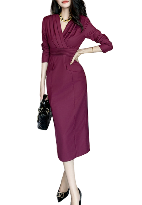 Timeless Trendy & Elegant Long Sleeve Pleated V-Neck Slim Waist Professional & Versatile Dresses  - B4-DRESS-B363