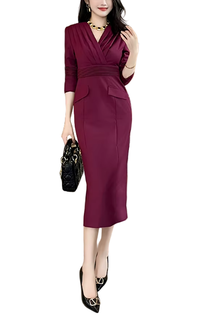 Timeless Trendy & Elegant Long Sleeve Pleated V-Neck Slim Waist Professional & Versatile Dresses  - B4-DRESS-B363