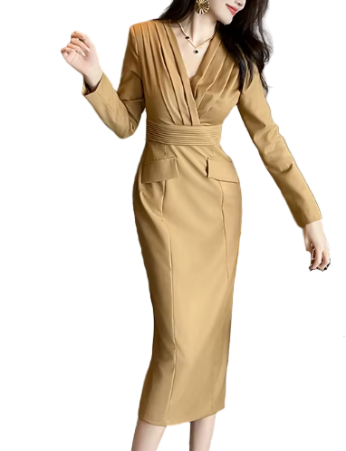 Timeless Trendy & Elegant Long Sleeve Pleated V-Neck Slim Waist Professional & Versatile Dresses  - B4-DRESS-B363
