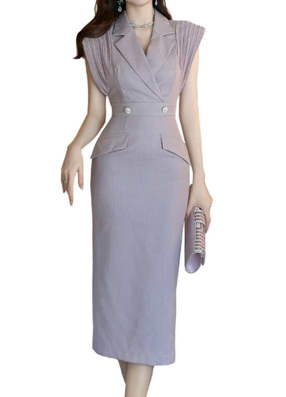 Timeless & Elegant Pleated Cap Sleeve Lapel V-Neck Business & Versatile Dresses  - B4-DRESS-B368