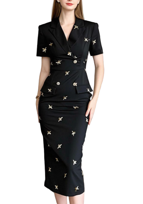 Timeless Trendy & Elegant Short Sleeve Lapel Neck Embroidered Black Dresses  - B4-DRESS-B356