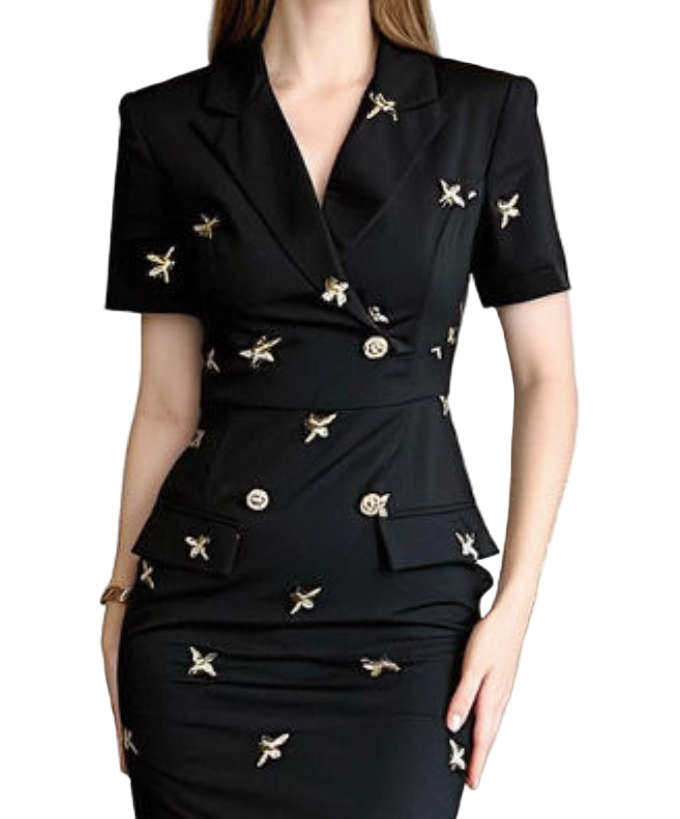 Timeless Trendy & Elegant Short Sleeve Lapel Neck Embroidered Black Dresses  - B4-DRESS-B356