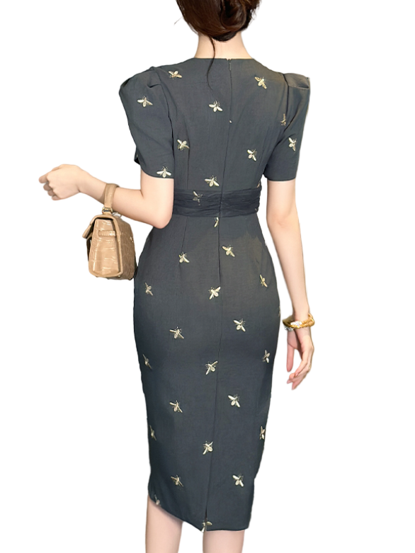 Timeless & Elegant Short Sleeve Pleated V-Neck Slim Waist Professional & Versatile Dresses  - B4-DRESS-B367