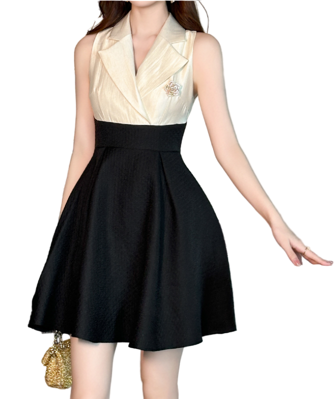 Timeless & Elegant sleeveless Lape V-Neck Versatile Dresses  - B4-DRESS-B366