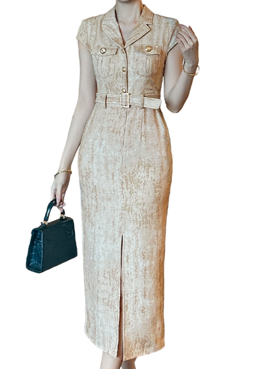 Timeless Trendy & Elegant Slim Waist Belted Short Sleeve Lapel Neck Dresses  - B4-DRESS-B352