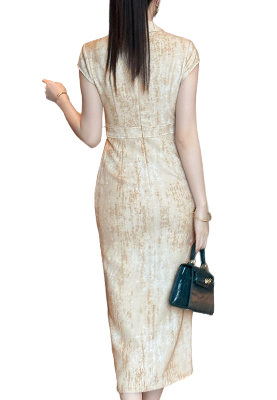 Timeless Trendy & Elegant Slim Waist Belted Short Sleeve Lapel Neck Dresses  - B4-DRESS-B352