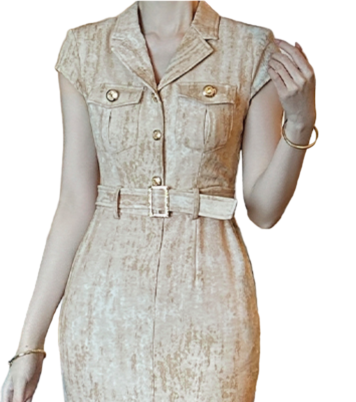 Timeless Trendy & Elegant Slim Waist Belted Short Sleeve Lapel Neck Dresses  - B4-DRESS-B352