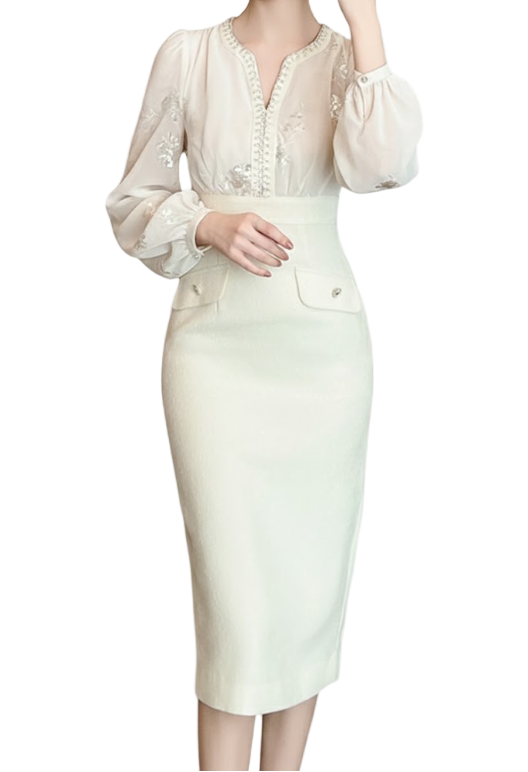 Timeless Trendy & Elegant Slim Waist Belted Long Sleeve Lapel Neck Pencil Dresses  - B4-DRESS-B353