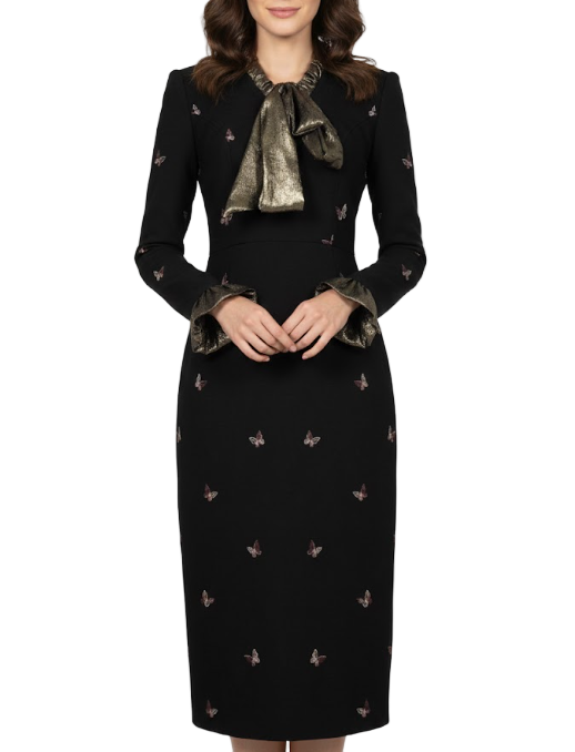 Timeless Trendy  & Elegant Slim Waist Long Sleeve Bow Neck Pencil Dresses  - B4-DRESS-B350